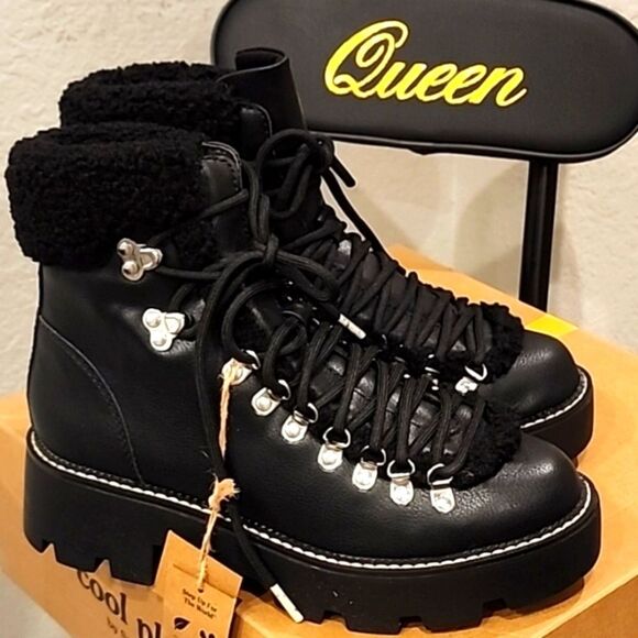 Steve Madden Cool Planet Cycloneee Faux Leather Hiking Boots- Black Pari - Picture 5 of 9